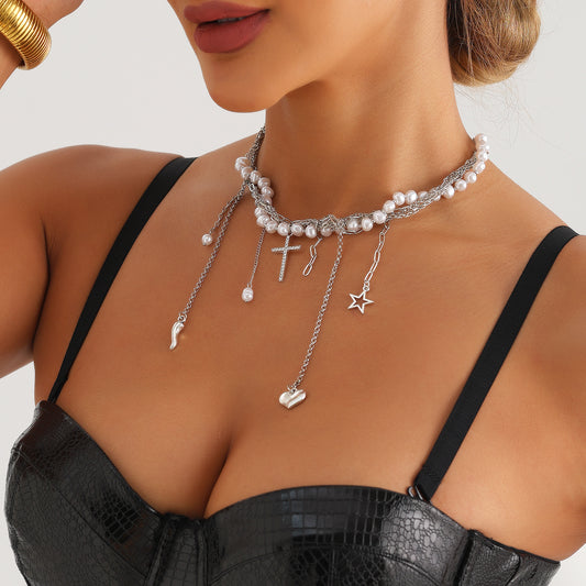 G RoseLady Faux Pearl Tassel Cross Luxe Style Necklace (gift box included)